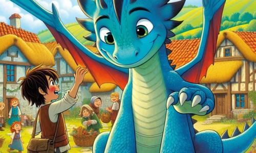 Au centre de l'image, Léo, un jeune dragon aux écailles bleues, se tient joyeusement, ses ailes repliées. Il a des yeux curieux et un sourire chaleureux, tendant une patte vers Marc, un garçon en vêtements usés, aux cheveux bruns en désordre et au regard émerveillé. Marc, à côté de Léo, sourit timidement, ses yeux brillants de gratitude. En arrière-plan, un village pittoresque avec des maisons colorées est entouré de champs verdoyants et d'arbres fleuris. Des enfants jouent dans la cour de l'école, tandis que des parents discutent. La scène montre Léo et Marc découvrant un panier de fruits, symbolisant l'entraide et la solidarité, dans une atmosphère lumineuse et joyeuse.
