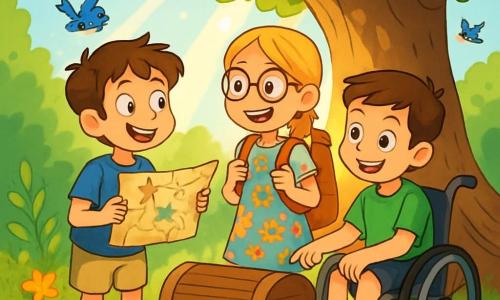 Trois personnages sont présents : Léo, un garçon de 10 ans aux cheveux châtains en bataille et aux yeux curieux, portant un t-shirt bleu et un short beige, tenant une carte au trésor. Emma, une fille de 9 ans avec de longs cheveux blonds tressés et des lunettes rondes, vêtue d'une robe à fleurs et portant un sac à dos lourd, sourit joyeusement. Tom, un garçon de 10 ans en fauteuil roulant avec des cheveux bruns et un sourire malicieux, porte un t-shirt vert et un short noir, et examine la carte. Ils se tiennent devant un vieux chêne majestueux, à l'ombre douce, tandis que des rayons de soleil illuminent leurs visages et la carte. Ils explorent la forêt luxuriante et découvrent un coffre en bois ancien caché sous les racines de l'arbre, leurs yeux brillants d'excitation.