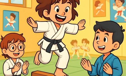 Quatre enfants sont présents : Léa, une fille de 10 ans aux cheveux bruns en bataille, porte un kimono blanc trop grand et saute avec un grand sourire. Max, un garçon de 10 ans avec des lunettes rondes et des cheveux châtains, admire Léa tout en portant un kimono qui lui va mieux. Sara, également âgée de 10 ans, a des cheveux blonds tressés et un kimono ajusté, elle se tient à côté de Max avec un bâton de karaté, concentrée. Tom, un garçon de 10 ans aux cheveux noirs et en kimono bleu, se tient en face de Léa, souriant et prêt à l'encourager. La scène se déroule dans un gymnase lumineux aux murs jaunes et tatamis verts, avec des affiches de karaté et d'autres enfants s'entraînant en arrière-plan. Léa, sur une poutre d'équilibre, est concentrée pour ne pas tomber, tandis que Tom l'encourage et que Max et Sara l'applaudissent, créant une ambiance amicale et solidaire.