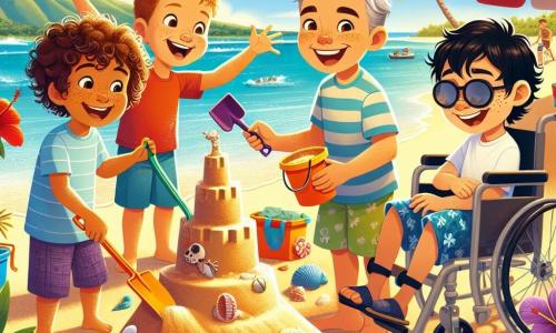 Dans un coin de la plage ensoleillée d'Hawaï, quatre garçons de sept ans sont réunis. Lucas, aux cheveux bouclés, creuse dans le sable avec une pelle colorée. Max, en lunettes de soleil, lève les bras en criant de joie. Tom, aux cheveux bruns et taches de rousseur, façonne une tour de sable avec des coquillages. Enzo, en fauteuil roulant, sourit en tenant un seau de sable. La scène se déroule sur une plage de sable doré, avec une eau turquoise et des palmiers. Les amis construisent un château de sable quand un homme local, Kekoa, leur propose de protéger la plage des déchets. L'excitation est palpable, prêts à relever ce défi ensemble.
