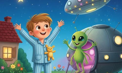 Garçon de 6 ans, visage rond, cheveux châtain clair en bataille, grands yeux brillants et sourire émerveillé, pieds nus sur la pelouse, main levée, en pyjama rayé bleu et blanc avec poche et tenant un petit doudou jaune ; un extraterrestre nommé Zog, silhouette verte douce à quatre bras fins, grands yeux noirs et large sourire amical, se tient sur la rampe d'un vaisseau rond scintillant légèrement à droite du garçon en agitant un bras ; en arrière-plan, vaisseau ovoïde argenté aux fenêtres rondes illuminées, lumières clignotantes et porte ouverte diffusant une lueur rose-violacée ; jardin de nuit avec maison au toit rouge à gauche, herbe verte, quelques fleurs lumineuses et ciel étoilé traversé par une grande étoile filante — scène de première rencontre magique, ambiance chaleureuse et paisible, couleurs vives, formes simples et rondes adaptées aux enfants.
