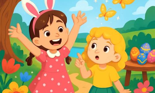 Deux personnages principaux : Zoé, une fille de 8 ans avec des cheveux bruns en tresses, portant une robe rose à pois blancs et des oreilles de lapin en plastique, est debout, les bras levés, souriante et prête pour l'aventure. Lila, également âgée de 8 ans, a des cheveux blonds bouclés, porte un t-shirt jaune et une jupe verte, et regarde avec émerveillement les papillons dorés qui volent autour d'elles. Elles se trouvent dans un jardin enchanté avec des fleurs colorées, de grands arbres et une table ornée d'œufs en chocolat. Elles suivent des papillons dorés qui les mènent vers une aventure magique à la recherche de leurs paniers disparus, créant une atmosphère féerique.
