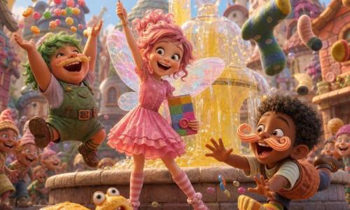 Fifi la fée, joyeuse et malicieuse, en robe rose à volants avec petites ailes irisées, tient une baguette scintillante et un carnet multicolore près d’une fontaine; Lulubulle, petit chef-lutin aux cheveux verts, saute en attrapant des bonbons à gauche; Zibou, petit lutin espiègle, trébuche en riant sur une chaussette géante à droite; un fromage-limace chantant, long et dodu, roule près du bord de la fontaine qui jaillit de la limonade pétillante et de geysers de bulles, tandis que des chaussettes colorées tombent du ciel et que maisons pastel et pavés brillants forment la place du village, l’ensemble créant une fête chaotique, chaleureuse et burlesque aux couleurs vives et textures détaillées.