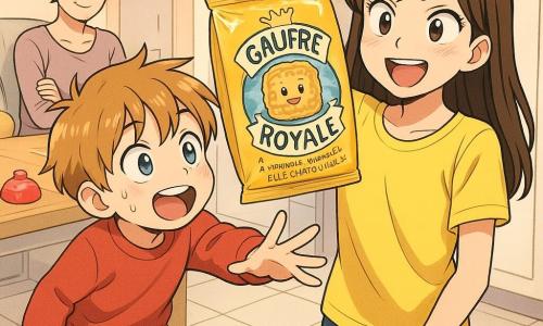 Un garçon de 8 ans, Léo, cheveux châtain clair en bataille, yeux bleus, pull rouge et chaussettes rayées glissant sur le carrelage, penché en avant et souriant en tendant la main vers un paquet de gaufres; sa sœur Zoé, environ 10 ans, grande, cheveux longs bruns avec frange, t‑shirt jaune, tient le paquet comme un trophée, fière et taquine près d’un placard ouvert; leur mère d’environ 35 ans, chignon, bras croisés et sourire amusé, est assise dans le salon en arrière‑plan; le paquet porte une petite couronne dorée et l’étiquette Gaufre Royale – À partager, sinon elle chatouille ! avec un petit sourire dessiné; cuisine lumineuse, carrelage clair, placard blanc, table en bois clair avec un minuteur rouge, une cuillère en bois et un chapeau de fête sur le plan de travail; scène comique et tendre : les enfants se disputent joyeusement la dernière gaufre, gestes exagérés et expressions manga, couleurs vives et contours nets, ambiance chaleureuse et humoristique.