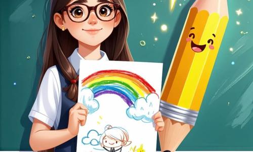 Clara, une fillette de douze ans aux longs cheveux bruns et lunettes rondes, se tient devant sa classe avec un dessin coloré d'arc-en-ciel. Bien qu'elle paraisse nerveuse, elle est déterminée, ses joues légèrement rosies par l'émotion. À côté d'elle, Léo, un crayon jaune vif avec un grand sourire, flotte dans les airs pour l'encourager. La scène se déroule dans une salle de classe lumineuse, décorée de dessins d'enfants, avec des fenêtres laissant entrer la lumière et des pupitres en bois bien rangés. Clara se prépare à partager son dessin, hésitant à être honnête sur son travail, tandis que ses camarades l'écoutent avec curiosité, créant une atmosphère de soutien.