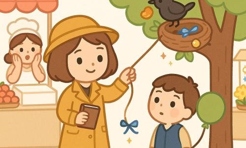Élise, détective calme au sourire concentré, cheveux courts châtain, manteau jaune moutarde et carnet en main, tend une ficelle marron vers un nid dans un arbre pour récupérer un ruban bleu ; Nino, garçon d’environ 6 ans aux joues roses en gilet bleu marine, tient un ballon vert à droite près d’Élise ; Madame Lenoir, pâtissière d’environ 40 ans en tablier blanc taché de farine, mains sur les joues derrière une grande boîte à pâtisserie à gauche ; un petit oiseau noir au ventre brillant, tenant une miette de brioche, garde des objets brillants autour du nid (bouton doré, plume bleue) ; marché de jour sur allée pavée avec étals colorés (fruits rouges, fleurs jaunes, bijoux scintillants), arbre feuillu avec trace de poussière dorée menant au nid ; scène lumineuse aux couleurs pastel, moment doux et suspendu centré sur l’arbre, le nid et les trois personnages.