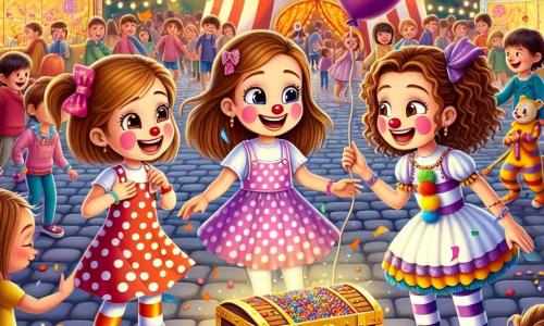 Lila, une fille de 8 ans avec de longs cheveux bruns et une robe rose à pois, sourit en tenant un ballon coloré. À sa droite, Clara, 7 ans aux cheveux blonds en tresses, porte un costume de clown et rit joyeusement. À gauche, Mia, 9 ans avec des cheveux bouclés et une robe violette, pointe vers un grand coffre en bois décoré. Le décor est un carnaval vibrant avec des rues pavées, des stands colorés, des guirlandes de lumières et des confettis. Les trois filles découvrent un coffre rempli de bonbons, leurs visages illuminés par la joie dans une atmosphère festive.