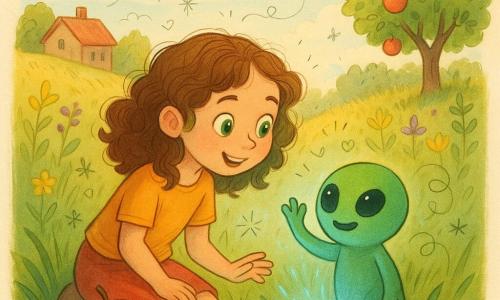 Lila, 8 ans, visage émerveillé, cheveux bouclés châtain, agenouillée dans l'herbe et tendant la main vers un petit disque métallique bleu-cyan à demi enfoui dont la porte ouverte révèle Ziboo, un petit extraterrestre vert au corps rond et regard amical, une pomme rouge à moitié croquée reflétant la lueur bleutée sur une pente herbeuse derrière une maison de campagne parsemée de fleurs sauvages et d'un pommier, lumière du matin douce — moment de découverte magique et curieuse.