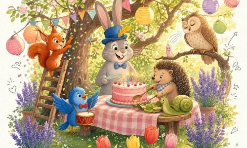 Balthazar, un grand lapin gris au chapeau bleu, sourit derrière une table en bois en tenant une assiette devant un gâteau rose à bougies ; Mimi, une petite écureuille rousse, accroche des guirlandes depuis une échelle en lançant des confettis, Gaston l'oiseau bat la mesure au tambour, la vieille chouette observe depuis un chêne pendant qu'un hérisson coupe le gâteau et un escargot sert de plateau ; le tout se déroule dans un petit jardin sous un pommier fleuri, avec tulipes, lampions et pots de lavande, ambiance chaleureuse de fête d'anniversaire avec décorations doodle (étoiles, cœurs, notes de musique).