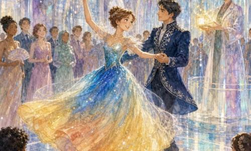 Cendrillon rayonne de confiance, visage souriant, yeux noisette, chignon, robe enchantée changeant de bleu à or, danse au centre en levant une main; le prince d'une vingtaine d'années, veste bleu marine brodée d'argent, cheveux noirs courts, la tient et la regarde avec admiration; la marraine d'une quarantaine d'années, en blouse de scientifique, tient une petite boîte luminescente et observe depuis une grande colonne de verre; autour, invités en tenues modernes pastel applaudissent, quelques enfants au premier plan; décor : grand palais futuriste en verre et métal poli, sols miroirs, arches translucides, guirlandes lumineuses et reflets colorés; scène principale : Cendrillon et le prince tournent doucement sur un cercle lumineux tandis que la robe change de teinte; style aquarelle douce, lavis transparents, textures de papier visibles, éclairage chaud et scintillant.