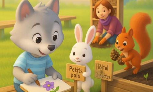 Juste, petit loup anthropomorphe gris clair, joyeux et concentré, yeux noisette, chemise rayée bleu pâle, est assis sur un banc en bois et colore une petite fleur violette dans son carnet; à côté, Louna la lapine blanche aux longues oreilles roses, souriante, tient une étiquette en bois 