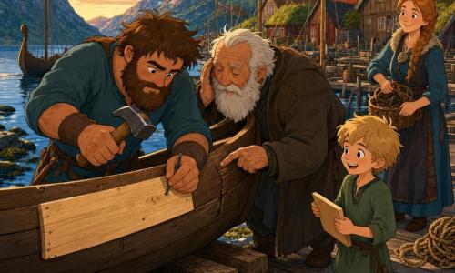 Asbjörn, homme barbu au visage rond et cheveux bruns en bataille, mains calleuses, concentré et humble, cloue une planche claire sur la coque d’une barque; à ses côtés Einar, vieil homme d’environ 70 ans à la barbe blanche et au manteau grossier, montre une fissure en posant l’oreille sur la coque et le guide calmement; sur le quai en bois Leif, garçon d’environ 9 ans aux cheveux blonds, tient une petite planchette et regarde émerveillé; Sigrid, femme d’environ 35 ans aux cheveux tressés et panier à la main, sourit et veille en retrait près d’un tas de cordages; lieu : petit port nordique au bord d’un fjord avec quais huilés, rochers sombres, maisons en bois rouges et brunes et mer bleu-gris; scène : réparation collective d’une barque posée sur des madriers, copeaux et résine, outils alignés, lumière dorée du soir, atmosphère de patience, d’entraide et de calme nordique.