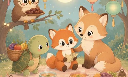 Milo, petit renard roux au pelage duveteux, aux grands yeux brillants et sourire timide, est assis tenant une feuille pliée, fier et un peu nerveux; sa maman, plus grande au pelage crème et roux, lui sourit et pose une patte sur son épaule à droite. Monsieur Hibou, oiseau rond aux plumes brunes et lunettes, est perché sur une branche au-dessus avec un petit plateau de dattes; Sami la tortue à la carapace verte porte un panier de fruits en avant-plan à gauche. Dans une clairière éclairée par une grande lune, des lampes et des lanternes en papier, les animaux entourés d'herbes, fleurs et troncs arrondis partagent un banquet sur une grande nappe — bols de soupe, pains et fruits — tandis qu'ils écoutent Milo lire son poème dans une ambiance douce, chaleureuse et conviviale.