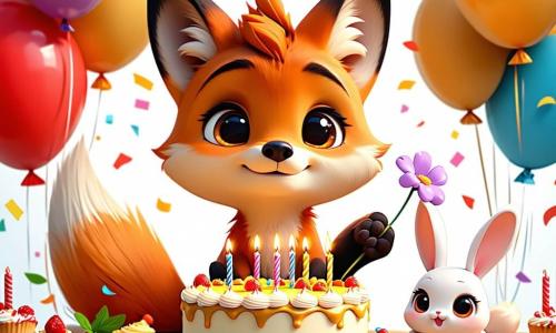 Un petit renard roux, Renardo, sourit émerveillé, entouré de ses amis. Il est assis devant une grande table en bois décorée de ballons colorés et d’un gâteau rond avec cinq bougies allumées. Lila, une lapine aux grandes oreilles, saute de joie avec une petite fleur violette. Gaston, un blaireau, rit en tenant une noisette. La salle de classe est chaleureuse, ornée de dessins colorés et baignée de lumière. Renardo souffle sur les bougies de son gâteau d’anniversaire, entouré de sourires et de rires.