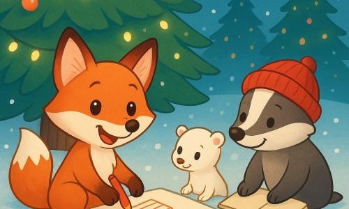 Un renard joyeux, au pelage roux éclatant et aux yeux pétillants, dessine avec un crayon rouge sous un grand sapin lumineux. À côté de lui, Hermine la belette, petite et blanche, observe avec admiration, ses yeux brillants de curiosité. Non loin, Blaireau, portant un bonnet rouge, sourit en regardant les dessins, ses pattes posées sur un carnet. Le lieu est une clairière enneigée, parsemée de sapins décorés de guirlandes scintillantes et de boules colorées. La situation principale montre le renard et ses amis créant un marché de Noël imaginaire, avec des stands dessinés, entourés de flocons de neige tombant doucement.
