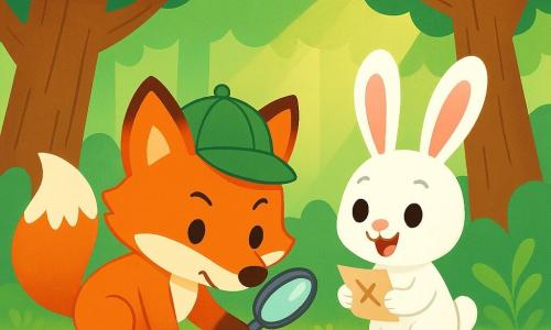 Renardo le renard, avec ses poils roux éclatants et ses yeux malicieux, scrute le sol avec une loupe, déterminé et curieux, portant une casquette de détective verte. À ses côtés, Lila la lapine, aux grandes oreilles et au pelage blanc, le regarde avec excitation, tenant une carte dans ses pattes, prête à l'aider. La scène se déroule dans une forêt enchantée, avec des arbres épais, des feuilles vertes et des fleurs colorées, sous un doux rayon de soleil. Ils cherchent des indices pour retrouver un biscuit disparu, fouillant le sol attentivement, entourés par la beauté de la nature.