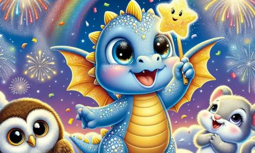 Un petit dragon nommé Flamme, avec des écailles scintillantes et des yeux pétillants, se tient au sommet d'un nuage étoilé, levant une étoile en sucre vers le ciel, souriant d'excitation pour le Nouvel An. À ses côtés, Hooty, un hibou sage aux plumes brunes, l'admire, prêt à s'envoler. Sissi, une petite souris grise, saute de joie entourée de confettis colorés. En arrière-plan, un ciel nocturne est illuminé par des feux d'artifice, créant une ambiance festive et magique, capturant l'excitation du Nouvel An dans le village de nuages.
