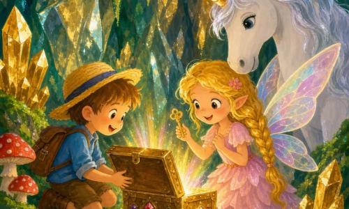La fée Lila, souriante, ailes iridescentes et longue tresse blonde, en robe rose poudré tient une petite clé pendant qu’elle ouvre un coffre d’or incrusté de pierres précieuses; à gauche, le garçon Léo, 4 ans, chapeau de paille, sac à dos marron et chemise bleue, est agenouillé, étonné et joyeux; à droite, une licorne aux crins argentés veille en arrière-plan; le tout se déroule dans une grotte aux parois luisantes, mousse émeraude, champignons rouges à pois blancs et cristaux dorés diffusant une lumière chaude qui éclaire les visages.