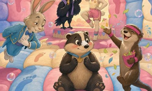 Milo le blaireau, assis au centre d’une immense empreinte gonflable, a l’air étonné et rougissant, museau poudré de mousse de tisane, pelage brun et beige, yeux ronds brillants et pattes courtes en avant ; à gauche Barnabé le lapin majordome en uniforme bleu ciel et nœud papillon fait une révérence en flottant légèrement, à droite la loutre sportive en bandeau rose fluo rit et lance des confettis en forme de feuilles, derrière Milo le corbeau sérieux sur une petite estrade applaudit avec un sifflet doré, et au fond la chèvre sportive au pelage clair lève une patte en souriant ; le tout se déroule dans la Salle des Pas de Géant du Château Plouf-pouf, vaste salle gonflable aux murs et sols pastel rembourrés, grandes empreintes dessinées, banderoles flottantes, bulles translucides et lumière douce intérieure, après que Milo ait mimé un pas de géant atterrissant dans une empreinte et déclenché une pluie de confettis et d’applaudissements, ambiance loufoque, chaleureuse et légèrement absurde, compositions arrondies et palette pastel vive.