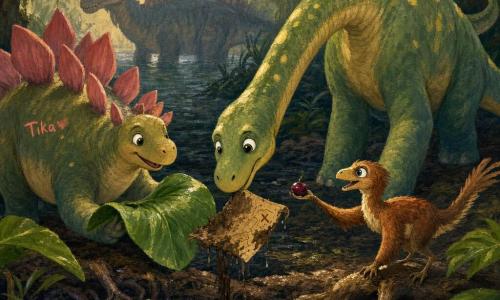 Un jeune diplodocus au long cou et peau verte tachetée de jaune, yeux brillants et expression concentrée, se penche pour récupérer une carte en écorce boueuse pendant que Tika la stégosaure aux plaques rosées, sourire doux, essuie la boue avec une grande feuille, un petit compsognathus brun-roux perché sur une racine tend une baie brillante, et en arrière-plan un spinosaurus massif observe curieusement depuis l'eau noire du marécage bordé de racines noueuses, feuilles luisantes, lianes et brume légère ; scène de coopération et d'espoir rendue en couleurs chaudes et textures épaisses de gouache, coups de pinceau visibles.