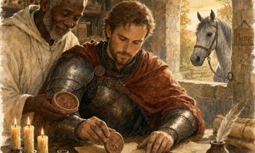Un chevalier d'environ 30 ans, calme et déterminé, visage pâle barbu, armure usée et cape brun-rouge, presse une matrice d'argile sur une goutte de cire rouge chaude déposée sur une lettre parchemin, mains un peu couverts de suie; un moine d'environ 60 ans, visage ridé et robe claire en lin, assis à gauche avec un petit moule en argile, sourit discrètement en se penchant vers lui; par la fenêtre ouverte, une jument nommée Plume à l'encolure grise, oreilles dressées, est attachée à un anneau de pierre et regarde à l'intérieur; scriptorium de monastère en pierre avec table de bois grossière, étagères de parchemins, chandelles sur un chandelier de fer, taches d'encre et copeaux de cire, rayons dorés de l'aube filtrant par une fenêtre à arc; moment précis du sceau: goutte de cire brillante, matrice montrant un lion en relief, éclats de lumière sur la cire, ambiance tranquille et chaleureuse, palette aquarelle d'ocres, bruns et rouges.