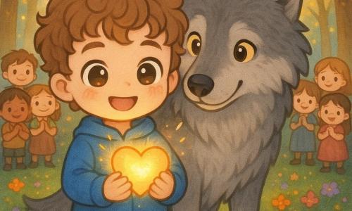 Lucas, garçon de 8 ans souriant et courageux aux cheveux bouclés brun clair et manteau bleu ciel, tient entre ses mains un cœur d'or lumineux qui pulse doucement ; à ses côtés un grand loup gris au pelage doux, regard bienveillant et yeux jaunes chaleureux le protège ; en arrière-plan, des enfants du royaume (6–10 ans) émerveillés observent depuis la lisière d'une clairière enchantée tapissée de mousse avec des fleurs scintillantes rose, violet et orange et des arbres aux feuilles dorées formant un dôme lumineux ; la scène montre Lucas et le loup présentant le cœur au royaume, la lumière dorée illumine les visages dans une ambiance chaleureuse et magique, contrastes doux, couleurs pastel saturées, style chibi kawaii aux traits ronds et contours nets.