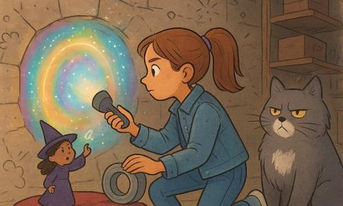 Lila, 12 ans, cheveux châtain clair en queue de cheval, veste en jean usée, jeans et baskets, tient une lampe torche qui éclaire un trou rond brillant dans le mur, appuie un coussin contre la pierre d’une main et tient un rouleau de ruban adhésif de l’autre pendant qu’elle applique du ruban en croix; Brindille, apprentie sorcière minuscule (taille d’une pomme, robe pourpre trop longue et petit chapeau pointu), se tient sur le coussin et trace un cercle de craie lumineuse pour verrouiller le portail; Moustache, grand chat fluffy gris avec une tache blanche, l’air méprisant mais aidant, pose sa patte sur le ruban; Monsieur Tome-Baron, fromage vivant rond comme une balle de tennis à croûte dorée et petits yeux comiques, roule sur le sol de la cave en regard surpris; la cave sombre et poussiéreuse aux murs de pierre, cartons et étagères, petite échelle et toiles d’araignée est baignée d’une lumière chaude qui crée des ombres douces tandis que la fente irise d’un arc‑en‑ciel liquide, des particules étincelantes flottent et des doodles de notes de pop‑corn et bulles de savon dansent autour — style graphique coloré, traits chaleureux, textures papier et crayon, palette chaude contrastant avec les reflets irisés et expressions lisibles et légèrement humoristiques.