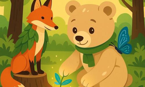 Brume, un grand ours en peluche beige crème aux yeux brillants et petite écharpe verte, accroupi pour planter une graine lumineuse qui germe instantanément en une petite plante irisée émettant une lueur arc‑en‑ciel et des fleurs colorées ; le Gardien des Équilibres, un renard élégant au pelage roux et cape de feuilles, l'observe avec bienveillance depuis une souche, un papillon bleu aux motifs argentés vole au-dessus, le tout dans une clairière d'herbes et mousses entourée de grands chênes, ambiance chaude et contrastée, rendu plat, formes simples et contours nets.