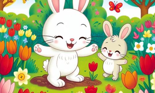 Un petit lapin nommé Léo, avec un pelage blanc et de grandes oreilles, saute joyeusement dans un jardin coloré, ses yeux pétillants de bonheur. Il est entouré de fleurs éclatantes : des tulipes rouges et des jonquilles jaunes sous le doux soleil printanier. Sa maman, une lapine douce avec un pelage brun clair, se tient à côté de lui, prête à l'enlacer. Elle regarde Léo avec tendresse. Le jardin est un tableau de printemps, avec des arbres en fleurs, des papillons et une pelouse verdoyante. Léo et sa maman plantent des graines dans la terre, symbolisant le début d'une nouvelle aventure dans la nature.