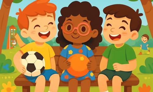 Trois personnages sont présents : Tom, un garçon de 8 ans aux cheveux roux et taches de rousseur, souriant avec un ballon de football ; Léo, également âgé de 8 ans, aux cheveux bruns, riant avec Tom et regardant Mia ; et Mia, une fille de 7 ans aux cheveux bouclés et lunettes roses, souriant timidement avec un ballon. La scène se déroule dans un parc ensoleillé, rempli de fleurs et entouré d'arbres, où les enfants jouent. Tom, Léo et Mia s'amusent ensemble, créant une atmosphère joyeuse et amicale, symbole de tolérance et d'acceptation des différences.