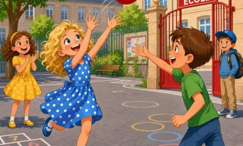 Scène de récréation : une fillette de 8 ans aux cheveux blonds bouclés, en robe bleue à pois blancs et chaussures brillantes, court pour attraper un ballon rouge ; à sa droite Lucas, 8 ans, cheveux bruns courts et t-shirt vert, rit en lui lançant le ballon ; en arrière-plan à gauche Emma, 8 ans, cheveux châtains bouclés en robe jaune, applaudit ; Tom, 8 ans, casquette bleue et sac à dos, sourit près d'une grille d'école ; cour pavée avec jeux au sol, arbres, grand portail rouge et bâtiments beiges ; ambiance accueillante, couleurs vives, style dessin animé 2D aux contours nets et ombres douces, composition centrée sur la fillette.
