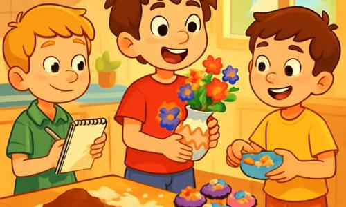Trois personnages sont présents : Tom, un garçon de 8 ans aux cheveux bruns en bataille et aux yeux malicieux, portant un t-shirt rouge et un short bleu, tient un vase fait maison rempli de fleurs colorées. Lucas, également âgé de 8 ans, avec des cheveux blonds et un sourire espiègle, est à gauche de Tom, prêt à écrire un poème. Max, à droite de Tom, a des cheveux châtains, une prothèse à la jambe, et décore des gâteaux avec des fleurs en sucre. L'action se déroule dans une cuisine chaleureuse et ensoleillée, où les amis préparent un cadeau surprise pour la fête des mères. Tom lit un poème à haute voix, tandis que Lucas écrit et Max décore. Leurs visages expriment joie et excitation, reflétant l'esprit d'amitié et d'amour.