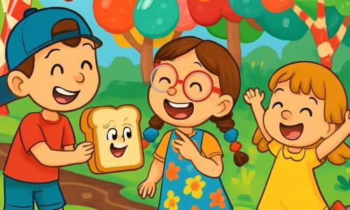 Il y a trois personnages : Léo, un garçon de 8 ans avec une casquette à l'envers et un grand sourire, portant un t-shirt rouge et un short bleu, tenant un sandwich au fromage qui parle. Mia, une fille de 7 ans avec des tresses colorées et des lunettes roses, porte une robe à fleurs et se tient au centre en riant et en pointant le sandwich. Zoé, une fille de 6 ans avec des chaussettes à pois et une petite robe jaune, est à droite, sautillant de joie avec les bras levés. L'action se déroule dans une forêt sucrée avec des arbres en sucre d'orge et des feuilles brillantes. Léo, Mia et Zoé découvrent un sandwich parlant, Monsieur Croque, qui leur demande de l'aide pour retrouver la confiture magique, entourés de bonbons, avec des expressions de surprise et de joie.