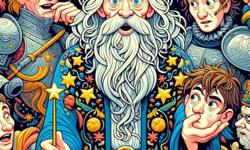 Un homme nommé Merlin, avec une longue barbe blanche et des cheveux ébouriffés, se tient au centre de la scène, l'air surpris et amusé. Il porte une robe bleue ornée d'étoiles dorées et tient une baguette en bois. À sa droite, le roi Arthur, environ 30 ans, en armure brillante et couronne de travers, regarde perplexe un parchemin à l'envers. À gauche, Lancelot, 25 ans, sourit en se penchant sur une tapisserie, convaincu qu'elle est une fée déguisée. La scène se déroule dans la grande salle du château de Camelot, avec des murs en pierre grise et des vitraux colorés. Merlin, amusé, est entouré de ses amis chevaliers alors qu'une armée d'oies fantômes portant des casques médiévaux traverse le plafond, créant une atmosphère magique et comique.