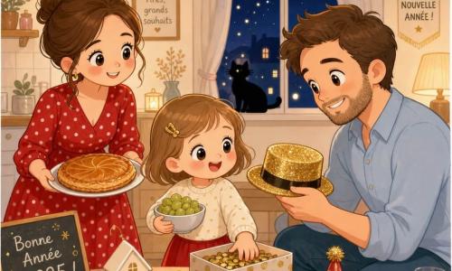 Fête intime de réveillon dans un salon-cuisine chaleureux : une fillette de 4 ans, visage rond, joues roses, cheveux châtain clair courts avec une barrette, yeux brillants, émerveillée, tient un bol de raisins et jette un peu de confettis dorés ; le père (~35 ans), barbe légère, chemise bleu clair, accroupi et souriant, lui tend un chapeau à paillettes ; la mère (~33 ans), cheveux bruns attachés, robe rouge à pois blancs, tient une assiette avec une galette derrière la table à gauche ; guirlandes multicolores, lumières jaunes tamisées, fenêtre sur une nuit étoilée avec un chat noir silhouetté dehors ; ambiance joyeuse, palette pastel avec touches or et rouge, traits simples et formes rondes.