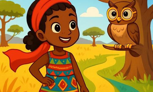 Aya, une jeune femme aux yeux pétillants et au sourire éclatant, se tient au centre de la scène dans une robe colorée aux motifs africains et une écharpe rouge. À ses côtés, un hibou sage et mystérieux est perché sur un baobab, l'observant avec curiosité. Le décor est une savane ensoleillée avec des herbes dorées, de grands arbres, un ciel bleu et des collines à l'horizon. Aya se trouve devant trois sentiers colorés : un chemin doré, un sentier vert vibrant et un chemin bleu profond. Elle hésite, prête à faire un choix crucial pour retrouver la sagesse de son village.