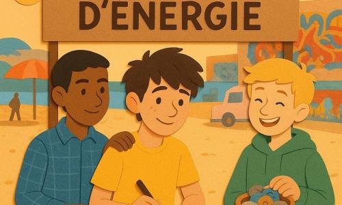 Trois garçons d’environ 12 ans : Noé, cheveux bruns en bataille, t-shirt jaune vif, au centre devant un petit stand en carton, carnet et feutre en main, souriant timidement et penché vers les passants ; Amir, peau olive, cheveux courts coiffés, chemise à carreaux bleus, à gauche, la main rassurante sur l’épaule de Noé ; Léo, cheveux blonds, sweat vert, à droite, tenant un panier de galets peints et riant doucement. Le stand accroché à la ficelle affiche une grande pancarte manuscrite 