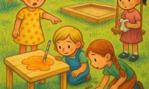 Quatre fillettes enquêtent dans un jardin ensoleillé au style enfantin : Mia (6 ans) en robe jaune pointe une flaque de jus d'orange brillante sur une petite table en bois où gît une paille rayée, Léa (5 ans) accroupie observe la paille, Zoé (6 ans) suit de petites empreintes boueuses menant au bac à sable et Emma (5 ans) près de la balançoire tient une serviette froissée, scène douce et concentrée rendue en textures pastel et contours doux.
