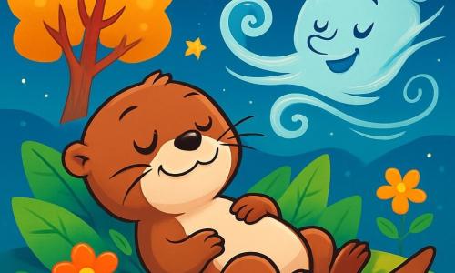 Une petite loutre au pelage lisse et brillant, avec des yeux ronds et malicieux, est allongée sur un lit de feuilles douces, souriante et paisible. Elle respire profondément, son ventre se gonfle, et elle semble sereine. À côté d'elle, un vent personnifié, représenté par des lignes fluides, danse autour d'elle avec une expression joyeuse. Le lieu est une île magique, baignée par la lumière des étoiles, avec des fleurs colorées et des arbres aux feuilles dorées. Le ciel est bleu profond, parsemé d'étoiles brillantes. Lila, la loutre, respire le calme et expire les soucis, tandis que le vent crée une atmosphère de sérénité.