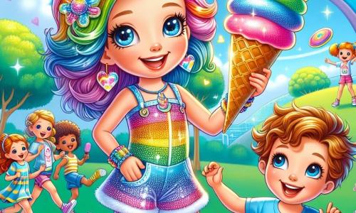 Lila Lumine, une jeune femme aux cheveux arc-en-ciel scintillants, porte un costume brillant qui reflète les couleurs du soleil. Elle sourit avec émerveillement en tenant une grande glace multicolore. À côté d'elle, un garçon de 6 ans aux cheveux bruns en bataille rit en jouant avec un frisbee. Un groupe d'enfants joyeux s'amuse autour d'eux sur l'herbe verte du parc, rempli d'arbres aux feuilles éclatantes, de fleurs colorées et d'un ciel bleu clair avec des nuages blancs. Lila profite de sa journée de repos en jouant et en riant avec ses nouveaux amis.