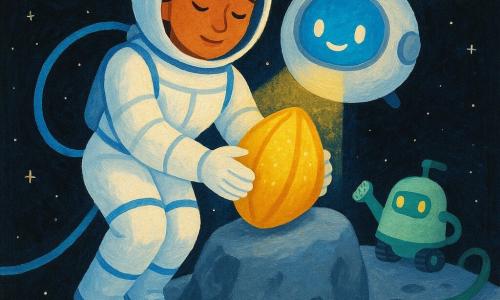 Femme astronaute Lina, calme et souriante, cheveux bruns courts, pose délicate; combinaison blanche souple à bandes bleues, bottes aimantées et fil de sécurité; elle appuie une balise brillante en forme de graine dorée contre un rocher gris flottant, la balise pulsant une lumière chaude. Le vaisseau Plume, petite bulle blanche ronde à grande fenêtre bleue et « visage » lumineux, l’éclaire doucement derrière elle. Un robot-arrosoir vert pâle roule en arrière-plan et clignote. Décor : espace étoilé profond avec la Terre lointaine et un nuage de poussière scintillante; composition centrée, contrastes doux, atmosphère tendre et rassurante.