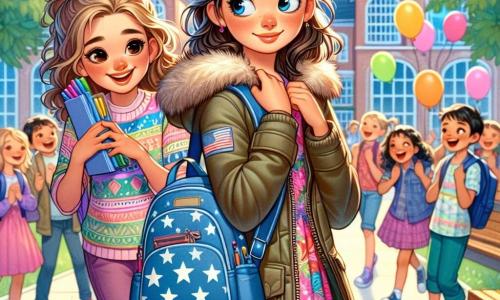 Au centre de l'image, Noémie, une fille de 11 ans avec des cheveux châtains en queue de cheval, porte une robe colorée et un manteau parka. Son visage montre une excitation mêlée à une légère nervosité, tenant son cartable bleu orné d'étoiles blanches et souriant timidement à ses camarades. À sa droite, sa meilleure amie Rose, également âgée de 11 ans, avec des cheveux bouclés et un t-shirt coloré, l'encourage avec un grand sourire et une boîte de feutres multicolores. En arrière-plan, la cour de l'école est animée d'enfants qui rient et jouent, avec des arbres verdoyants et des bancs en bois, tandis que des ballons flottent dans le ciel bleu. La scène montre Noémie et Rose se préparant pour leur première journée de CM2, entourées de camarades joyeux, avec l'excitation de la rentrée scolaire dans l'air.