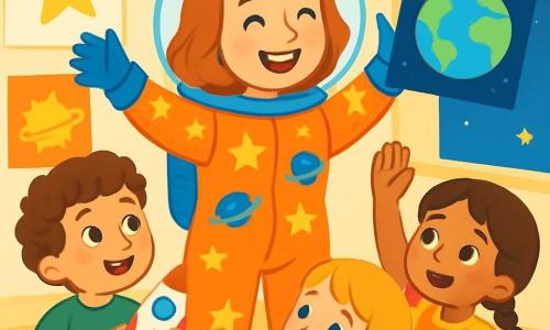 Une astronaute, Zoé, souriante et énergique, porte une combinaison spatiale colorée avec des dessins d'étoiles et de planètes. Elle se tient au centre, levant les bras, entourée d'enfants émerveillés. Un garçon de 6 ans, aux cheveux bouclés, admire Zoé en tenant un modèle de fusée, tandis qu'une fille de 5 ans lève la main pour poser une question, son visage curieux. La scène se déroule dans une salle de classe lumineuse, décorée de dessins et de posters de l'espace. Zoé raconte ses aventures dans l'espace, montrant une photo de la Terre, captivant l'attention des enfants qui rêvent de voyages interstellaires.