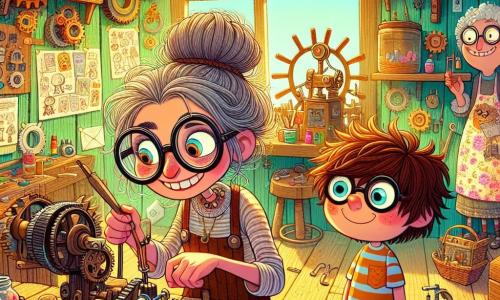 Agathe Bidouillette, une femme aux cheveux ébouriffés et aux lunettes de travers, est dans son atelier, souriante et excitée, ajustant une pièce de sa machine farfelue. Son espace est rempli de rouages, de bocaux mystérieux et de croquis colorés. À ses côtés, Gabin, un garçon d'environ 10 ans, admire son travail en tenant un rouleau de gommettes phosphorescentes. Léonore, la boulangère, sourit en tenant un panier de pains, prête à encourager Agathe. L'atelier est une cabane biscornue avec des murs en bois coloré et des fenêtres en cœur. Agathe teste sa Dérouillomatic 3000, une machine amusante qui projette des confettis et des bonbons, créant une atmosphère joyeuse.