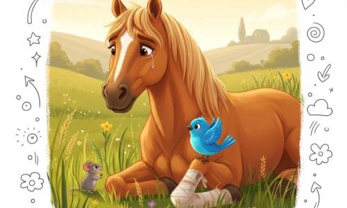 Grand cheval alezan allongé dans l'herbe — bien préciser qu'il s'agit d'un cheval — l'air triste mais apaisé, yeux brillants avec une petite larme, crinière dorée légèrement ébouriffée; patte avant droite bandée d'un pansement blanc un peu sale, posée sur l'herbe, posture douce et vulnérable; petit oiseau bleu vif posé sur le genou blessé, plumage brillant, regard curieux, aile légèrement levée comme pour rassurer; à gauche, une petite souris grise tenant une graine dans ses pattes, regard reconnaissant, assise dans une touffe d'herbe; grande prairie verdoyante aux herbes hautes ondulant, fleurs jaunes et mauves, collines douces et ferme en silhouette au loin; lumière chaude de fin d'après-midi, ombres longues, palette chaude et pastel, textures douces, composition en plan américain pour montrer le cheval et les petits animaux de près.