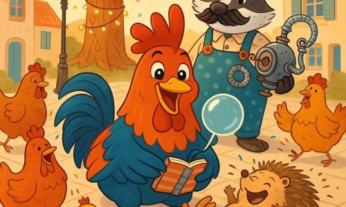 Picoti, un coq aux plumes rouge orangé et bleu, sourit ailes ouvertes en tenant un petit carnet où il dessine une grande bulle; derrière lui, Barnabé le blaireau moustachu en salopette à pois et chapeau melon tient une machine à bulles en métal; Gaston le hérisson rond rit roulé sur le dos; des poules et des poussins forment un cercle en riant; la place pavée bordée de maisons en pierre et d'un lampadaire porte une souche décorée de guirlandes; des bulles éclatent en confettis colorés sous une lumière dorée de fin d'après-midi, ambiance festive et couleurs vives.