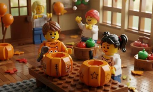 Antoine, 6 ans, cheveux châtain courts, pull orange avec un petit renard, souriant et émerveillé, tient une cuillère et creuse une grosse citrouille sur une table en bois; à sa droite une fille de 6 ans, concentrée, cheveux noirs en couettes, dessine des étoiles sur sa citrouille; derrière la table un garçon de 7 ans, riant, bonnet rouge, lance des graines près d'une corbeille de pommes; la maman d'environ 30 ans, cheveux blonds attachés, sourit et applaudit près d'une porte; la salle de sport transformée est décorée de guirlandes de feuilles rouges, orange et jaunes, ballons orange et paniers de pommes, sol en parquet brillant avec empreintes et feuilles éparses, lumière chaude du matin traverse de grandes fenêtres créant des ombres douces, couleurs automnales saturées, textures de brique visibles, détails de coutures et stickers sur les citrouilles; composition centrée sur la table, plans rapprochés sur les mains en action, expressions joyeuses et gestes dynamiques, atmosphère conviviale et colorée.