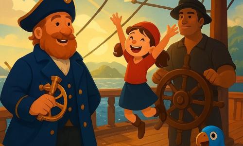 Sur le pont en bois d’un grand navire pirate bleu et rouge, voiles blanches gonflées et planches mouillées, le capitaine Philibert (≈45 ans) à la grosse barbe rousse et au manteau bleu foncé tient un sextant et sourit confiant, la fillette P’tite Perle (≈10 ans) aux couettes et petit chapeau rouge saute de joie près du mât, Noiraud (≈35 ans), homme costaud au chapeau sombre, tient la barre en regardant l’horizon, tandis qu’un perroquet bleu vif perché sur un cordage apporte une touche comique ; l’ambiance, après la tempête, montre nuages qui se dissipent, rayons de soleil perçant, éclaboussures et une île verdoyante à l’horizon, transmettant aventure, soulagement et entraide avec couleurs vives et silhouettes lisibles pour enfant.