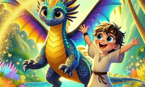 Un dragon majestueux nommé Zéphyr, aux écailles scintillantes, se tient au centre de l'image, ses grandes ailes déployées et un regard amical. Il danse joyeusement, créant un nuage de poussière dorée. À ses côtés, un jeune garçon nommé Léo, âgé d'environ 10 ans, avec de grands yeux pétillants et des cheveux ébouriffés, sourit en chantant. Il porte une tunique légère et des sandales, sautant autour de Zéphyr, les bras levés. Le décor est une oasis magique avec des palmiers, des fleurs colorées et un étang d'eau cristalline. Léo et Zéphyr célèbrent leur amitié et leur succès après avoir retrouvé les lucioles magiques, entourés de lumière et de joie.