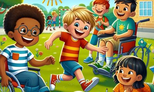 Dans une cour d'école ensoleillée, quatre amis s'amusent. Léo, 8 ans, dribble un ballon de football. Tim, 7 ans, dessine la scène assis par terre. Max, 9 ans, d'origine asiatique, sourit en fauteuil roulant et encourage ses amis. Sara, 8 ans, joue du tambour en riant. La cour est entourée d'arbres verts et de fleurs colorées, sous un grand soleil dans un ciel bleu. Ils montrent à Sara comment jouer au ballon, illustrant la beauté de l'amitié et de la tolérance.